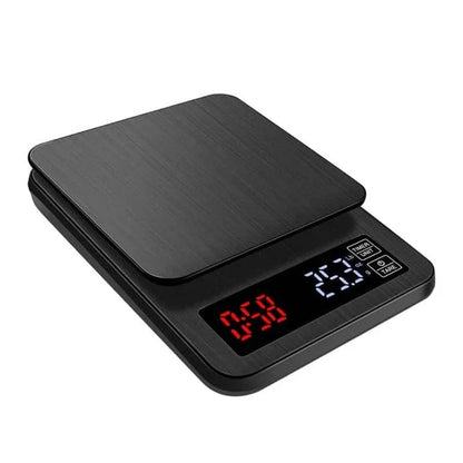 Premium digital coffee scale with LCD display, timer, and stainless steel platform for precise brewing control