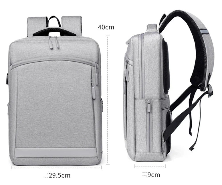 Premium laptop backpack in light grey colour, featuring a sleek and durable polyester design with multiple compartments for organised storage.
