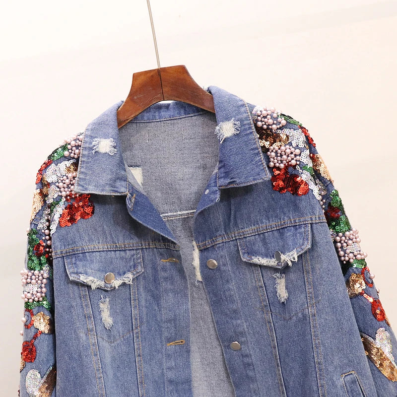 Premium embroidered denim jacket with slimming beaded sequins in a relaxed, flattering fit