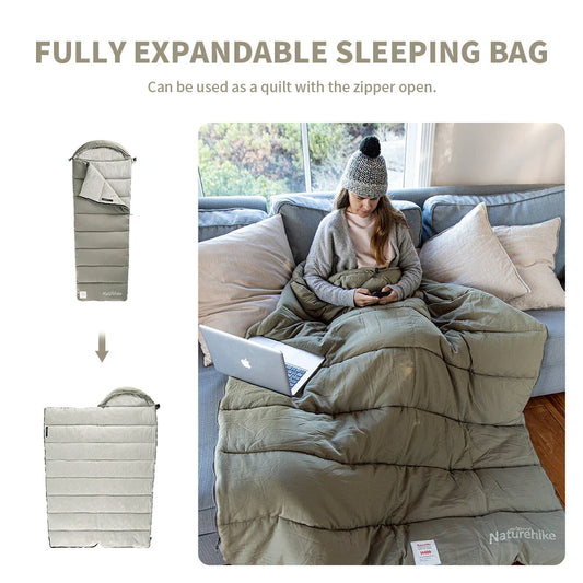 Premium lightweight double camping sleeping bag with cotton filling and terylene fabric, suitable for spring and autumn camping trips in the UK.