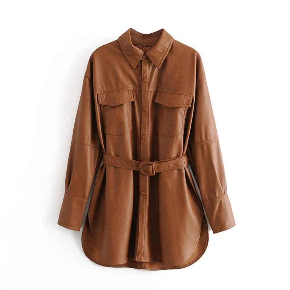 Stylish British-made faux leather jacket with stitching details and adjustable belt for a customized fit