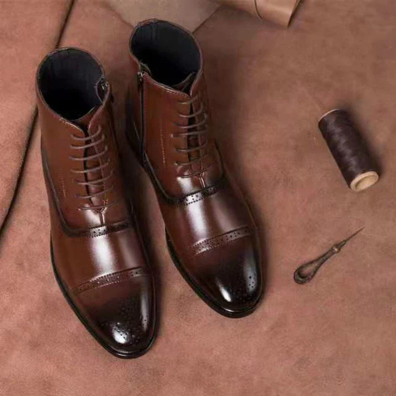 Premium artificial PU leather casual boots with pointed toe, wedge heel, and durable rubber sole for stylish British men