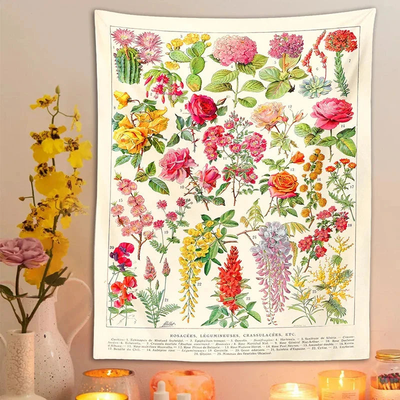 Mushroom Tapestry Wall Hanging with Botanical Print and Floral Illustrations