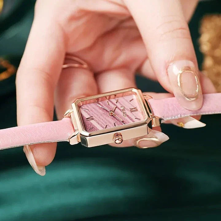 Refined square dial ladies watch with genuine leather strap, minimalist design, and durable aluminium alloy case