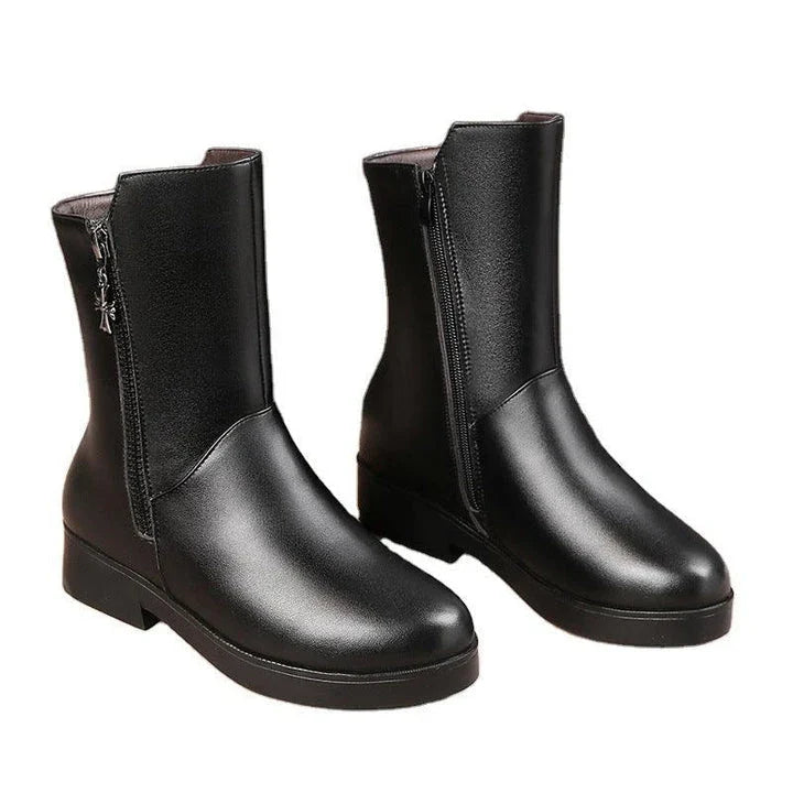 Luxurious velvet mid-calf boots with thick heels, perfect for women's winter fashion in the UK