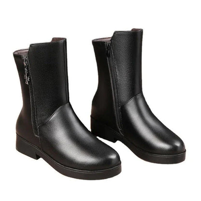 Luxurious velvet mid-calf boots with thick heels, perfect for women's winter fashion in the UK