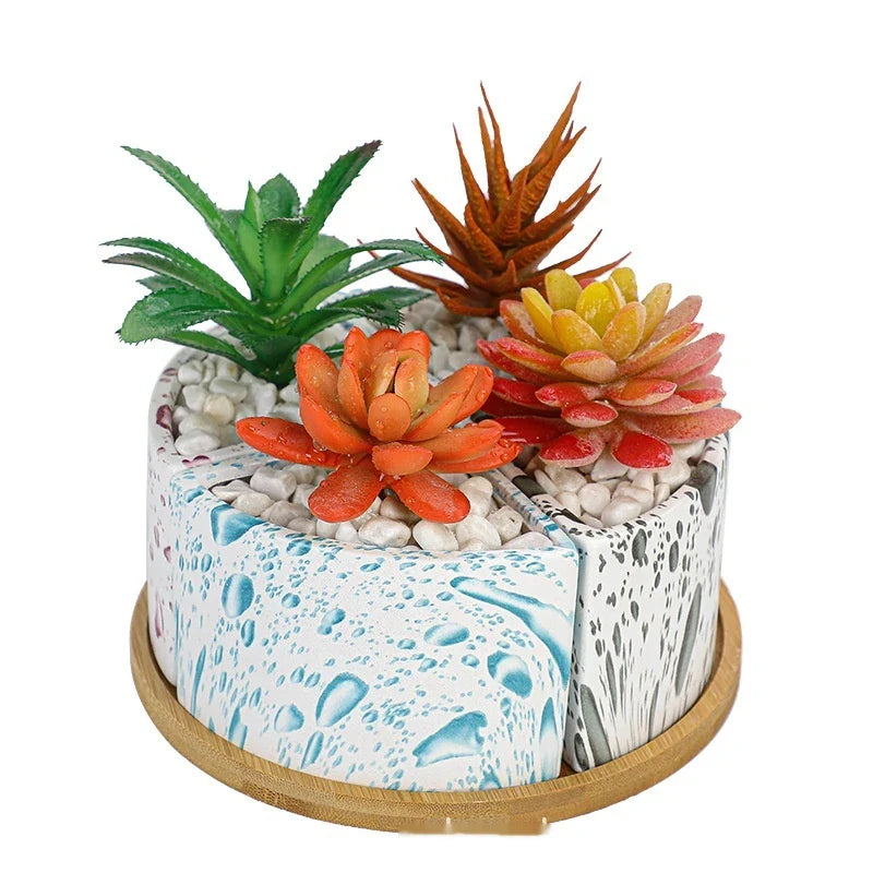 Ceramic succulent planter with bamboo tray, featuring a stylish Nordic-inspired design for indoor greenery