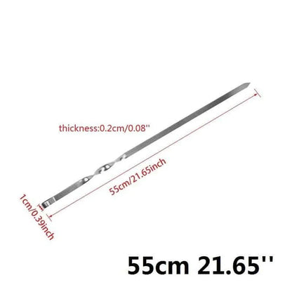 Premium stainless steel BBQ skewers with a flat design for even heat distribution and easy handling