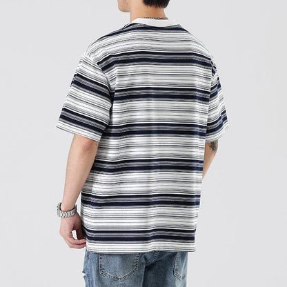 Retro contrast color striped teen t-shirt in navy blue, perfect for casual summer looks