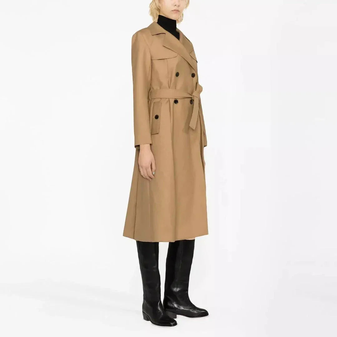 Elegant double-breasted women's trench coat in beige colour with sash, perfect for autumn and winter in the UK