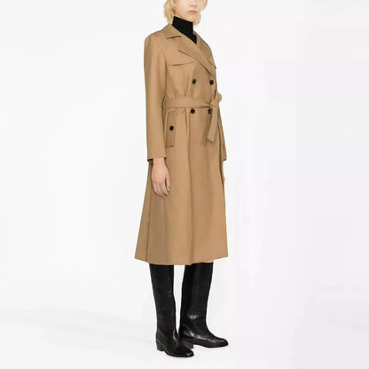 Elegant double-breasted women's trench coat in beige colour with sash, perfect for autumn and winter in the UK