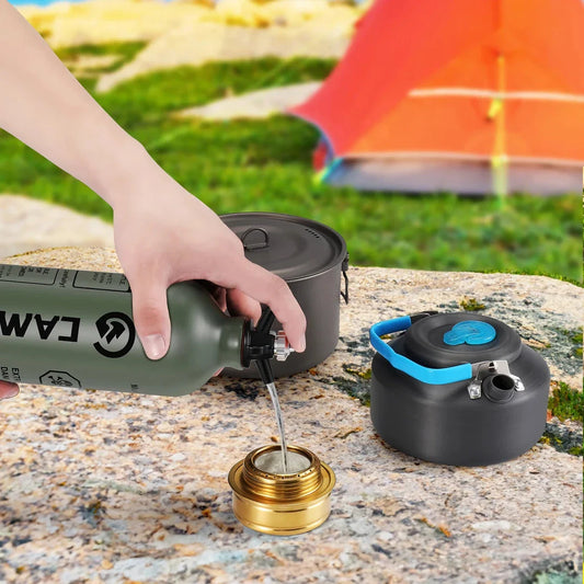 Portable aluminium liquid fuel storage bottle with safety cap and venting pipe, perfect for camping, hiking, and outdoor adventures