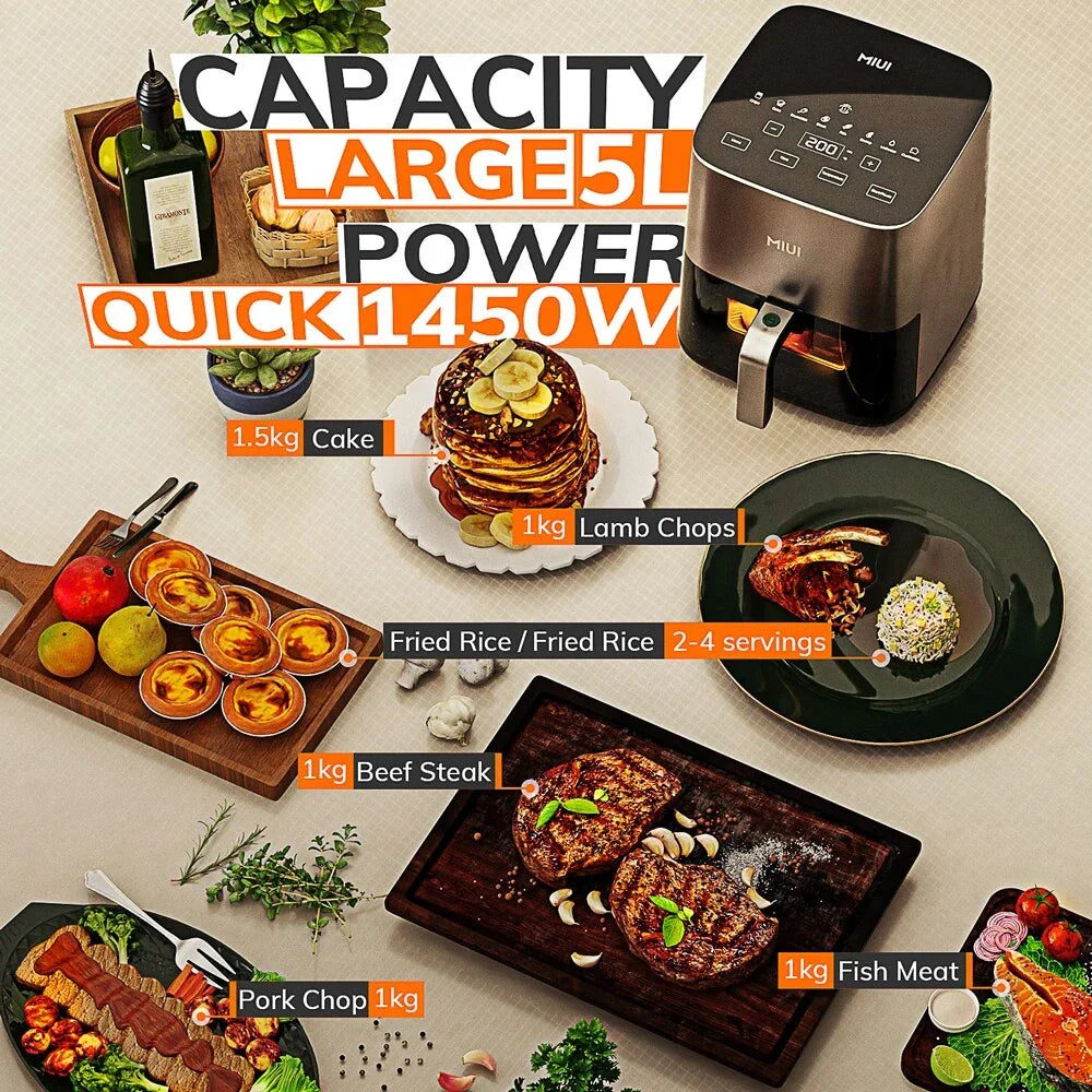 A powerful, family-sized air fryer with a touchscreen control panel and a transparent window for monitoring cooking progress.