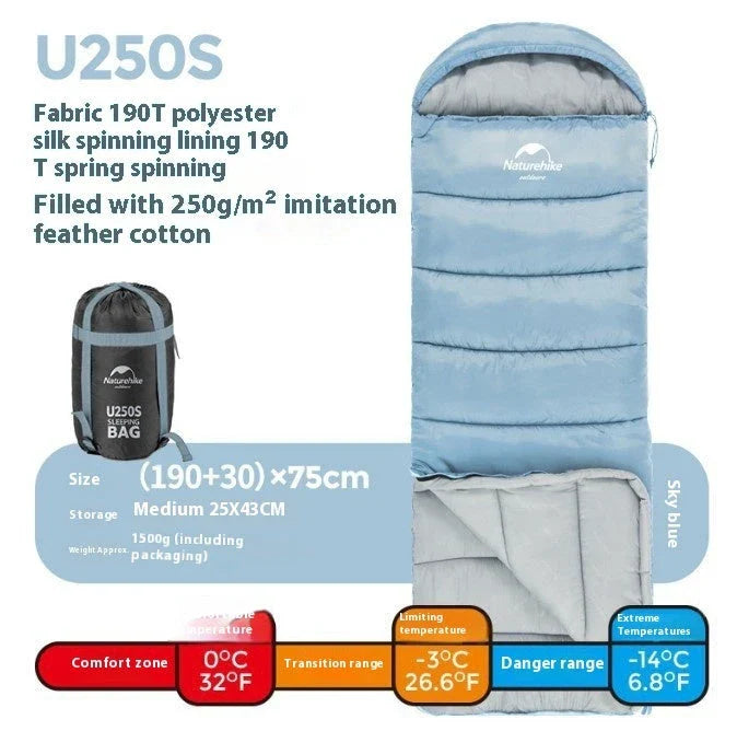 Naturehike Luxury Down-filled Sleeping Bag for Outdoor Camping in Hollow Cotton/Clay Gray, Hollow Cotton/Moxa Leaf Green, and Down Cotton/Sky Blue colours