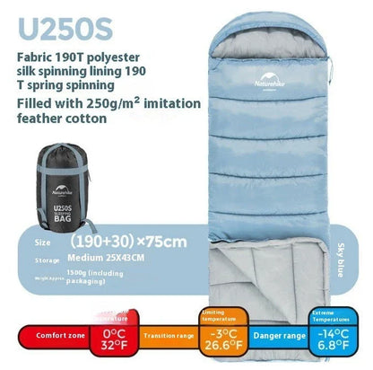 Naturehike Luxury Down-filled Sleeping Bag for Outdoor Camping in Hollow Cotton/Clay Gray, Hollow Cotton/Moxa Leaf Green, and Down Cotton/Sky Blue colours