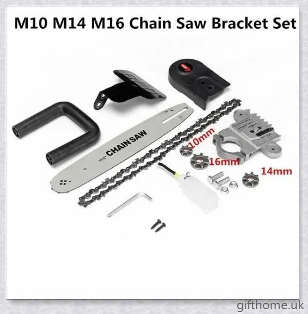 Angle grinder with attached chainsaw bracket, suitable for cutting wood, trees, and other DIY projects