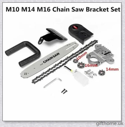 Angle grinder with attached chainsaw bracket, suitable for cutting wood, trees, and other DIY projects