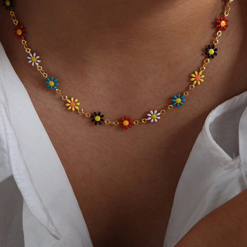 Bohemian-inspired stainless steel flower necklace and bracelet set in vibrant colours