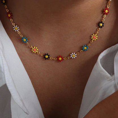 Bohemian-inspired stainless steel flower necklace and bracelet set in vibrant colours