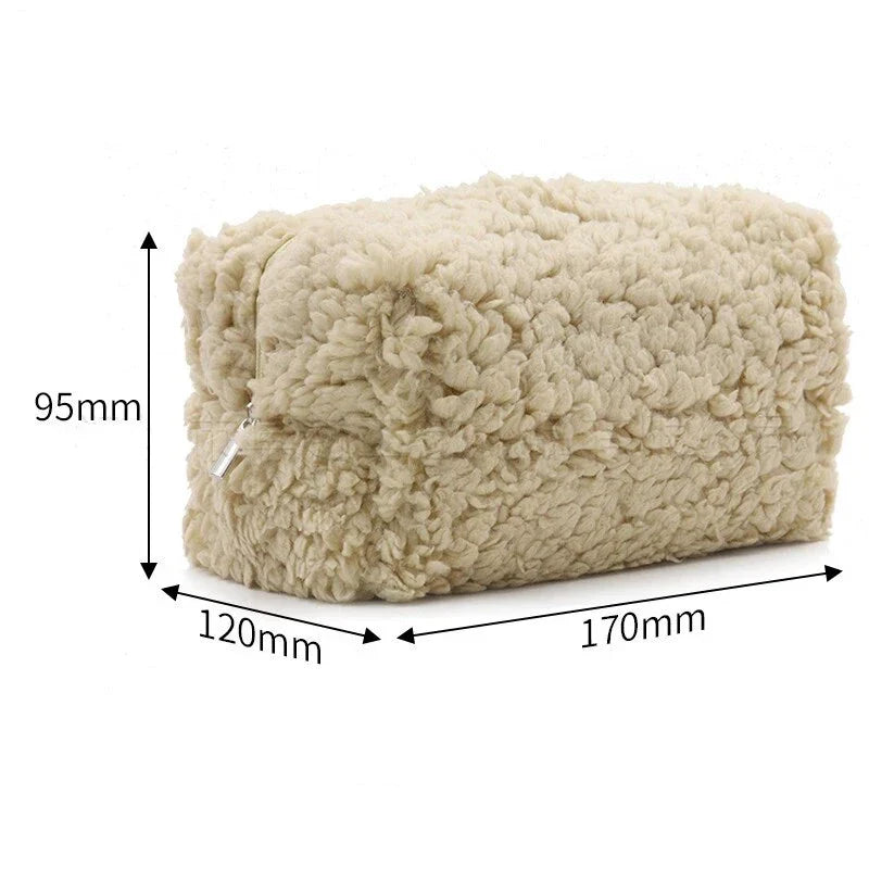 Plush lambswool exterior of the Luxurious Lambswool Multi-Purpose Cosmetic Bag in Khaki colour, with a robust zipper closure and spacious interior for organising makeup and other essentials.