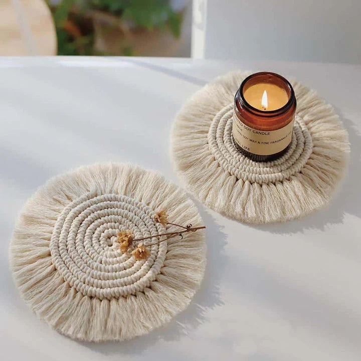 Elegant Boho Macrame Coaster in Timeless White, featuring a unique and artisanal design that adds a touch of rustic charm to any living space.
