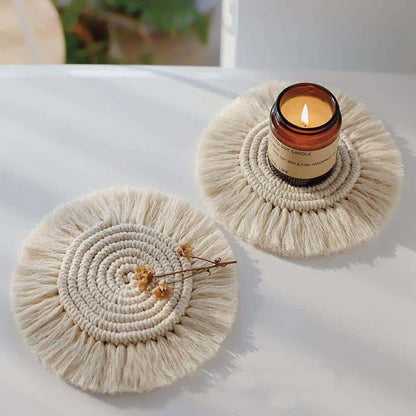 Elegant Boho Macrame Coaster in Timeless White, featuring a unique and artisanal design that adds a touch of rustic charm to any living space.