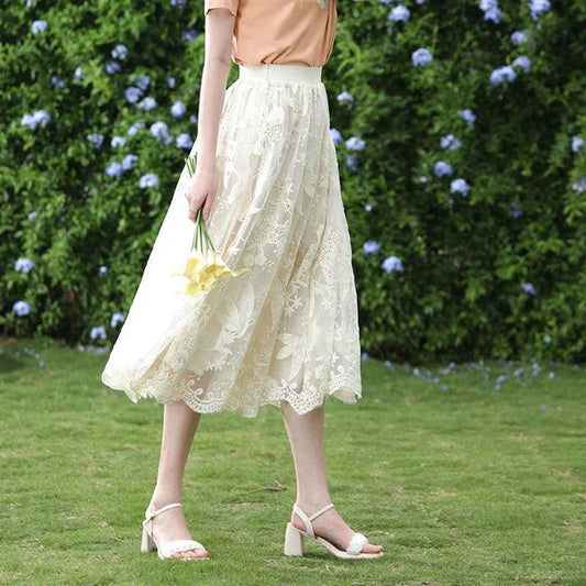 Elegant floral lace A-line skirt in apricot colour, featuring a flattering silhouette and intricate embroidery
