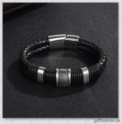 Premium black braided leather and stainless steel men's bracelet with adjustable sizing for a comfortable, custom fit