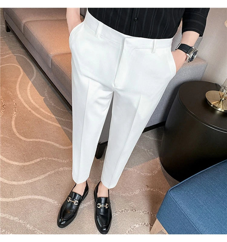 Premium men's suit trousers in a variety of colours, featuring a subtle textured drape and exceptional stretch for all-day comfort and style.