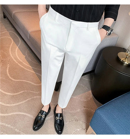 Premium men's suit trousers in a variety of colours, featuring a subtle textured drape and exceptional stretch for all-day comfort and style.