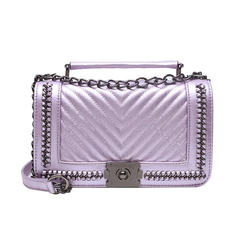 Fashionable leather messenger bag with chain strap in a range of vibrant colours, designed for style and functionality
