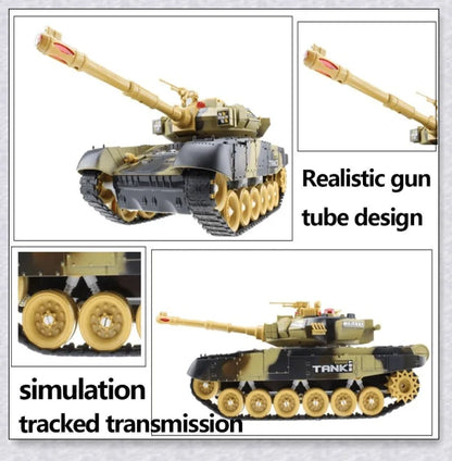 Remote-controlled military tank with flexible tracks, realistic sound effects, and firing simulation for thrilling battles and outdoor adventures