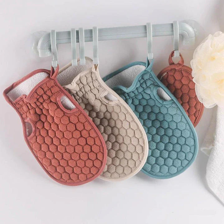 Premium Fingerless Bath Towel Gloves in Beige, featuring a double-sided design for gentle exfoliation and deep cleansing