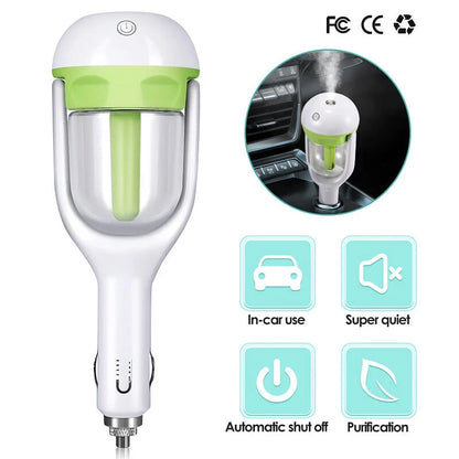 Compact mini car steam humidifier and aroma diffuser with pink colour, designed to improve air quality and promote relaxation in your vehicle