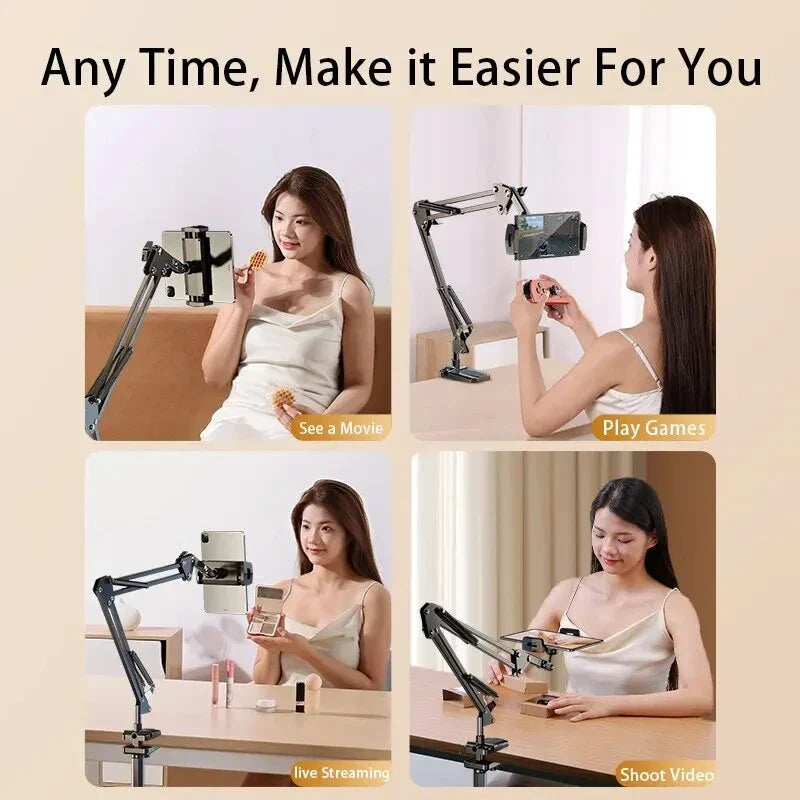A 360-degree rotatable and adjustable tablet and phone stand with a long arm and stable support for versatile viewing