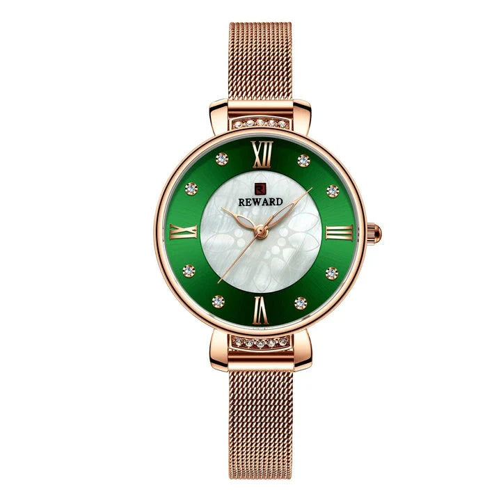 Elegant shell-inspired dial and Milanese mesh strap ladies watch from Trendha