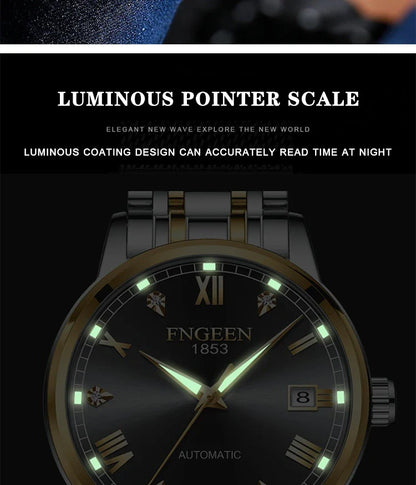 Premium automatic mechanical watch with leather strap, featuring a stainless steel case, luminous hands and markers, and a stylish British-inspired design