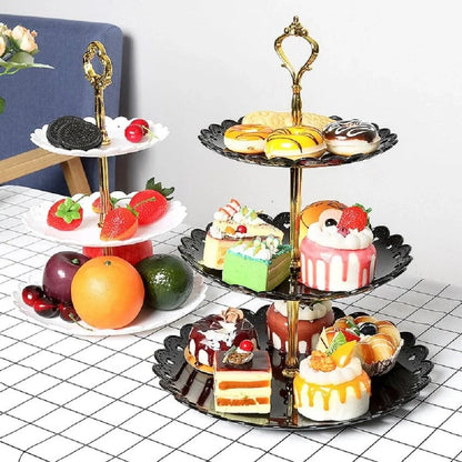 A vibrant multicoloured cake stand made of premium durable plastic, designed to elegantly display desserts and baked goods.