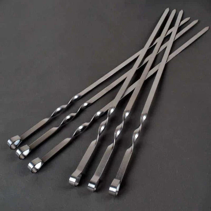 Premium stainless steel BBQ skewers with a flat design for even heat distribution and easy handling