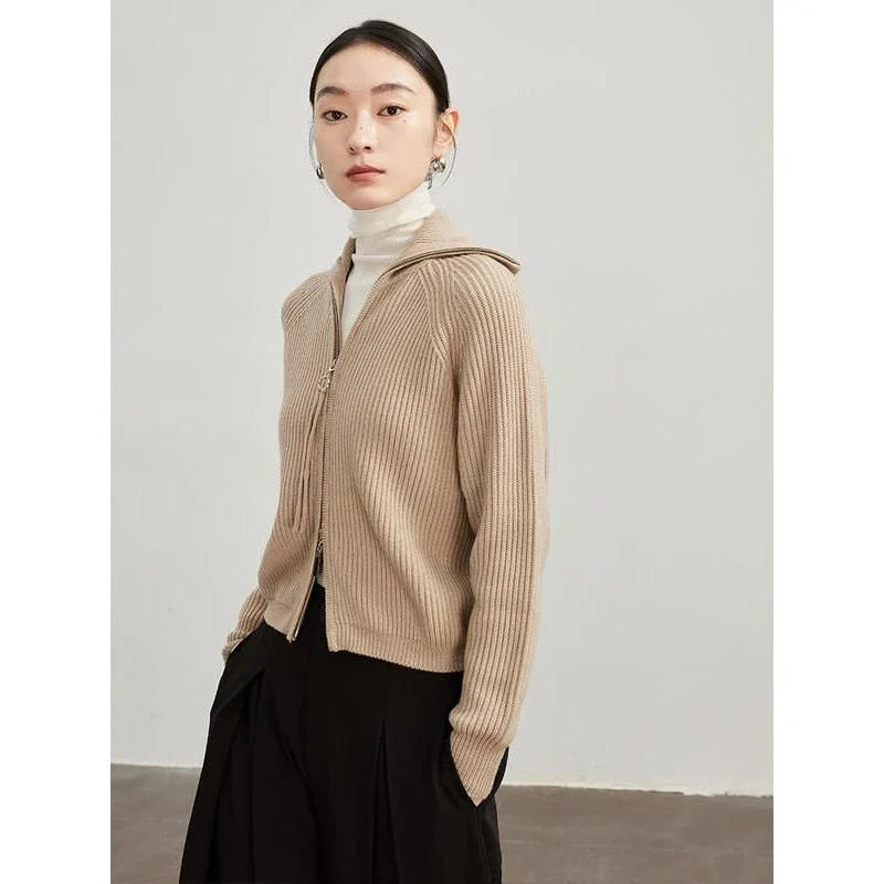 Luxurious 100% wool cardigans in khaki and white, featuring a stylish A-straight pattern and chic turn-down collar for refined autumn and winter style.