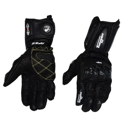 Premium motorcycle gloves made of leather and reinforced with carbon fibre for enhanced protection and breathability