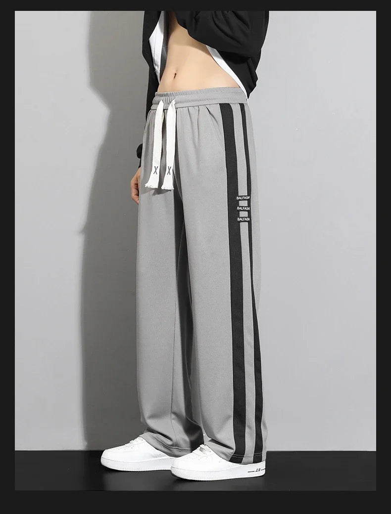 Comfortable striped straight-leg casual trousers in various colours and sizes