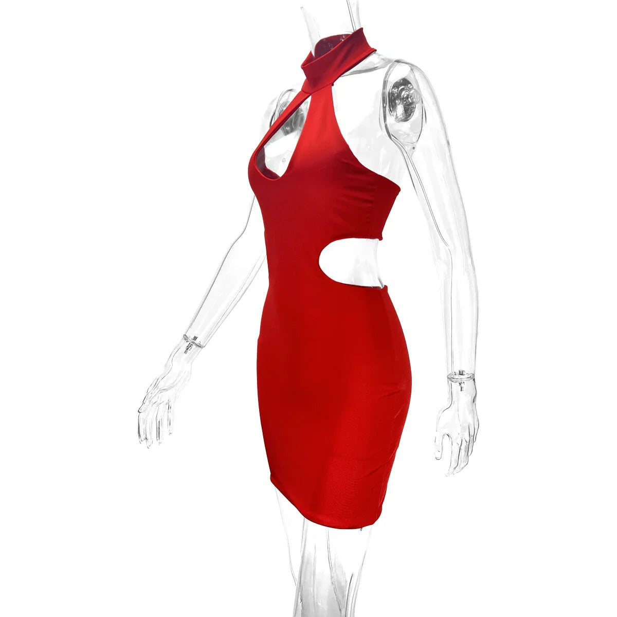 A chic backless halter dress made from premium milk silk with cut-outs at the hips, perfect for formal or semi-formal events.