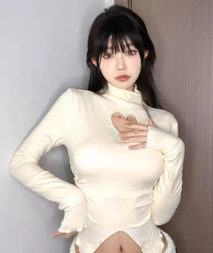 Premium high-neck long-sleeve t-shirt with elegant heart-shaped design in white