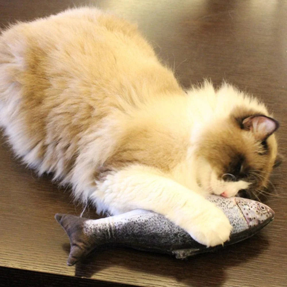 Charming fish-shaped pet toy with plush construction and catnip scent, perfect for active playtime and snuggling with cats and small dogs.