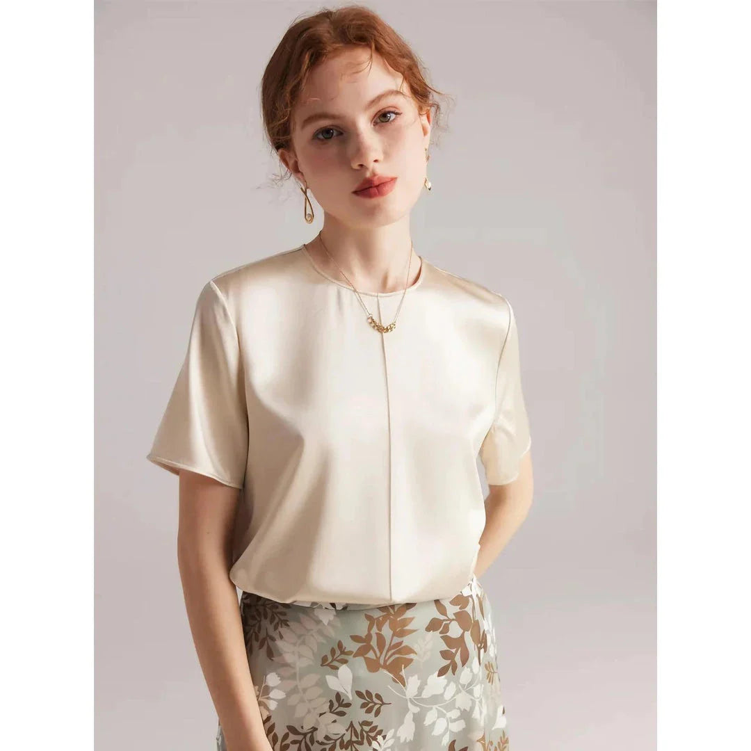 Elegant women's summer tee made of premium mulberry silk with classic O-neck design and short sleeves