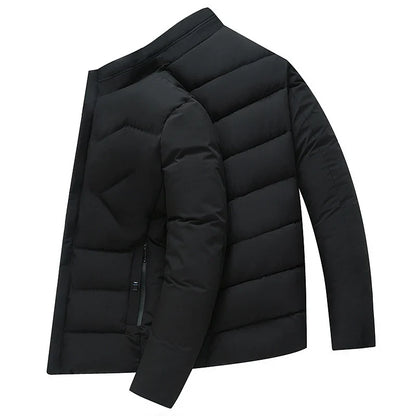 Premium cotton-padded jacket with stand collar and zip closure, available in gray, black, and navy blue