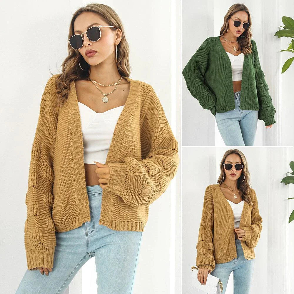 Elegant puff sleeve cardigan sweater in army green and wheat yellow colours, featuring a chunky knit design for cosy winter wear