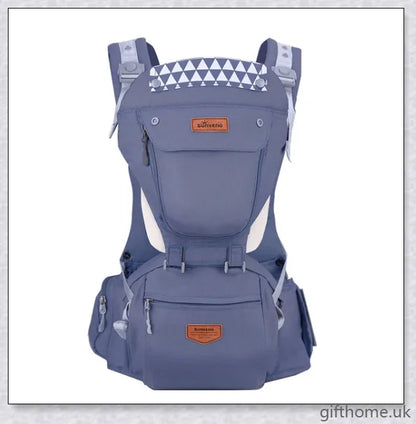 Ergonomic front-facing baby carrier with padded waist strap, lumbar support, and versatile wearing options for comfortable, secure travel with your little one.