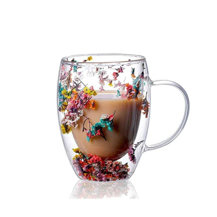 Elegant double-walled glass tea mug with captivating floral display, perfect for hot and cold beverages